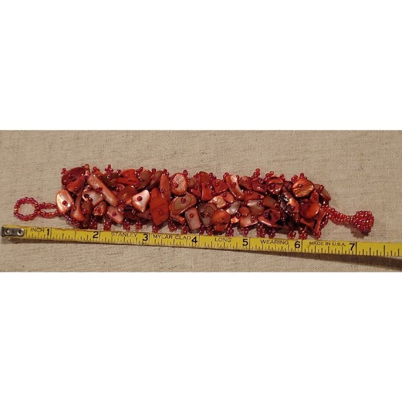 Red Sea Shell Dyed Mother of Pearl & Seed Bead Woven Wide Band Bracelet - Picture 4 of 4